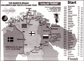 Kart med overnattingssteder langs ruten til Barentssykkeltur. Prosjekt og kart er utarbeidet av Sykkelklubben Pilgrim fra Severomorsk utenfor Murmansk